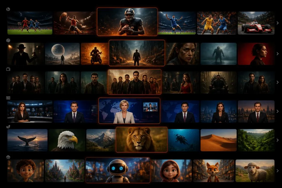 Mosaico de canais, filmes e séries disponíveis no TVS IPTV
