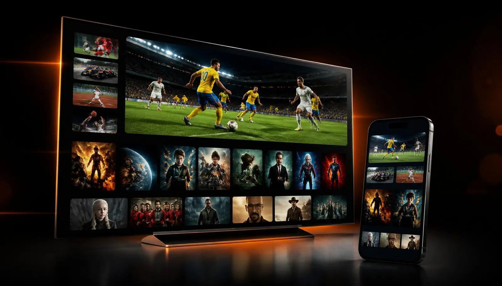 TV e celular exibindo canais de esportes, filmes e séries do TVS IPTV em 4K