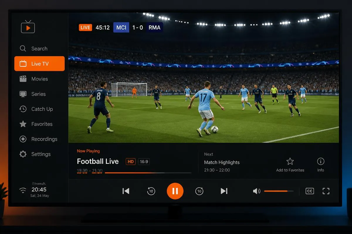Interface do player TVS IPTV com futebol ao vivo, menu de canais e controles
